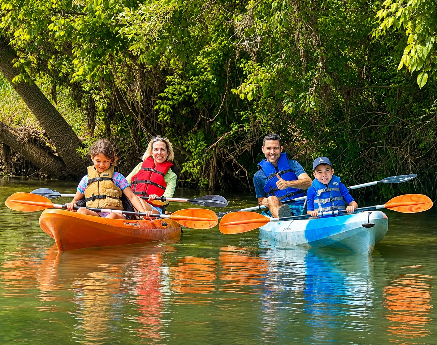 A family of four paddling two kayaks together on a calm, tree-lined river