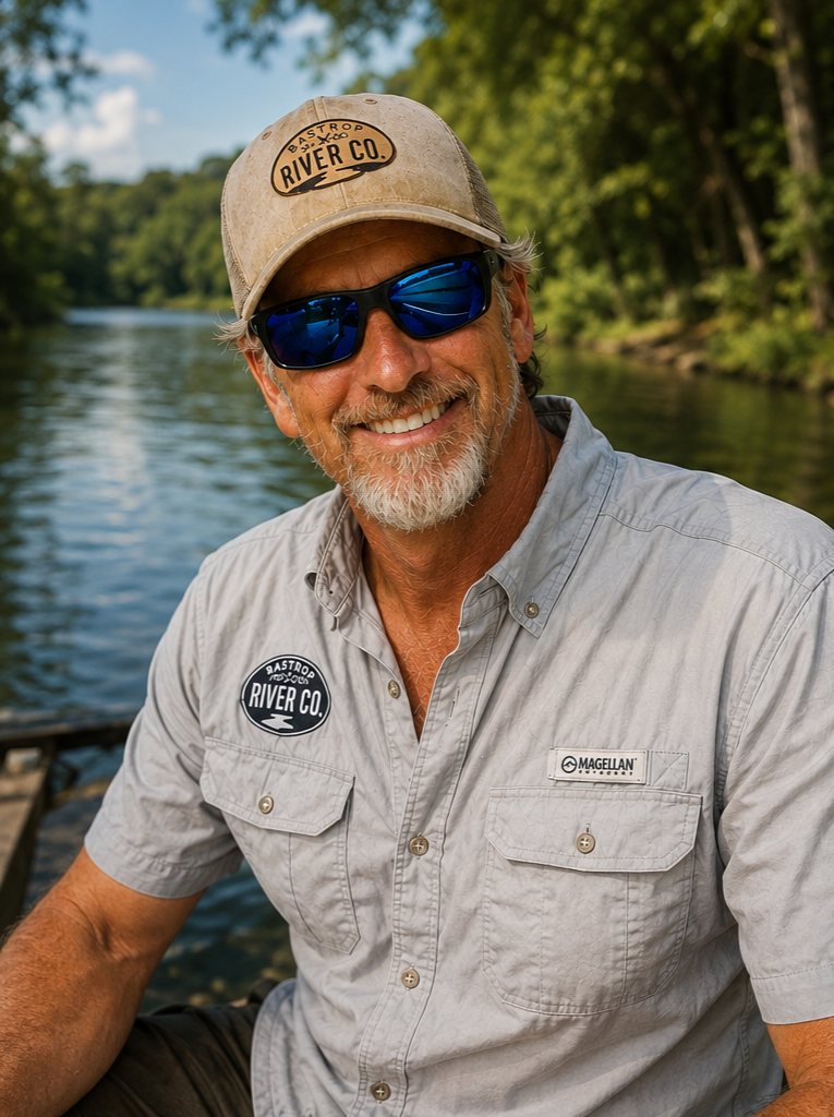 Lee, owner of Bastrop River Co., smiling on the Colorado River