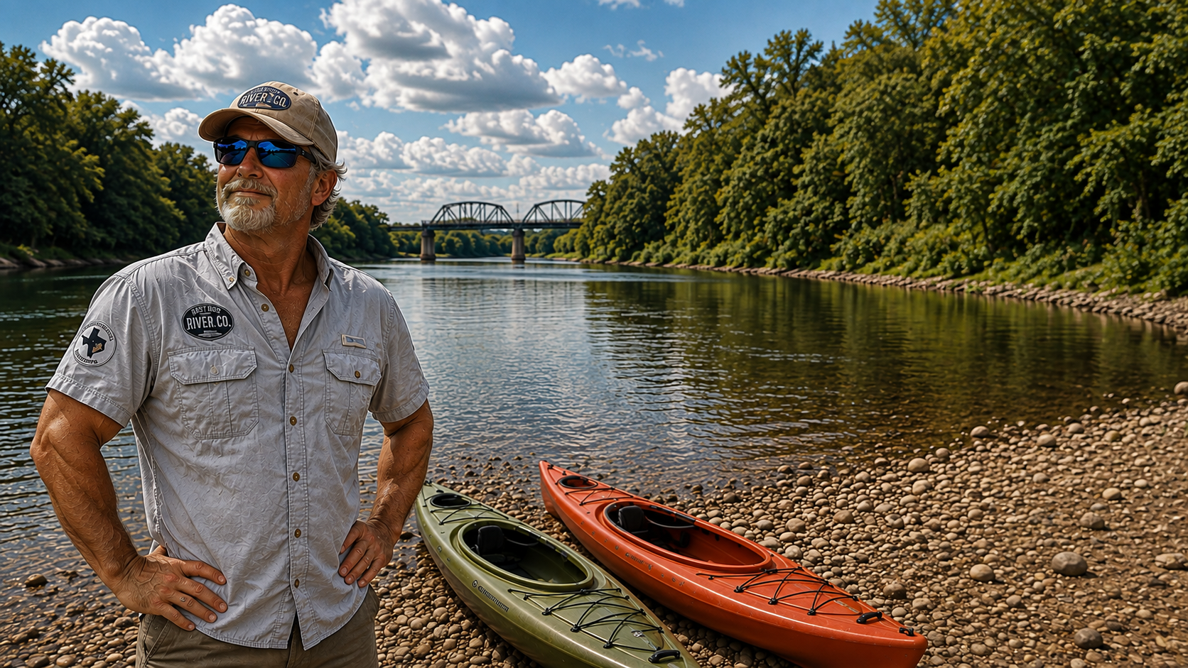 Lee standing on the riverbank next to kayaks, ready to get you on the water