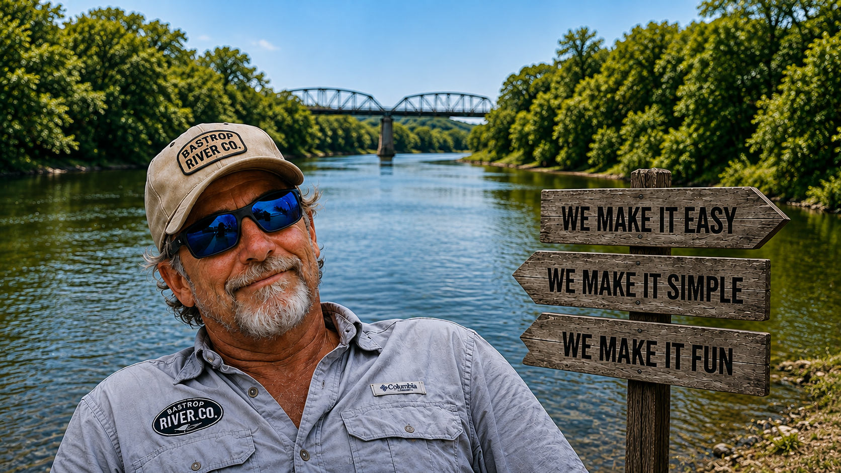 Lee smiling next to a wooden signpost that reads We Make It Easy, We Make It Simple, We Make It Fun on the Colorado River near Bastrop